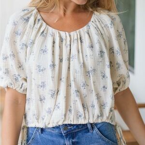 Neuflora Floral Print Blouse - Cream and Blue